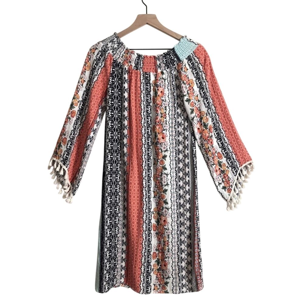 Military Hippie Mutli Color Patterned Striped Long Sleeve Boho Beach Mid Dress